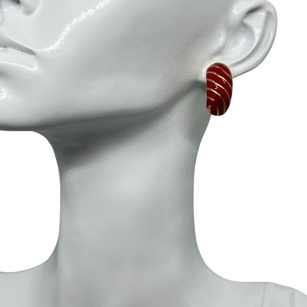 Vintage Red Enamel Gold Tone Half Hoop Earrings Striped Post Backs